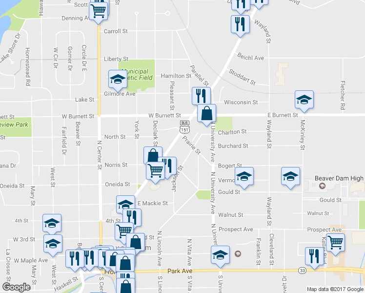 map of restaurants, bars, coffee shops, grocery stores, and more near 906 U.S. 151 Business in Beaver Dam