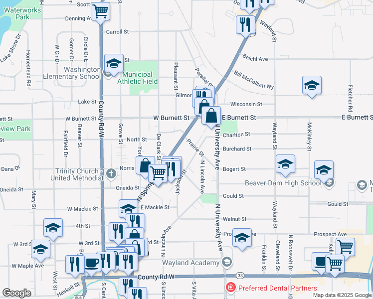map of restaurants, bars, coffee shops, grocery stores, and more near 913 North Spring Street in Beaver Dam
