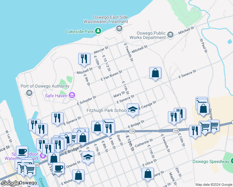 map of restaurants, bars, coffee shops, grocery stores, and more near 5 Mary Street in Oswego