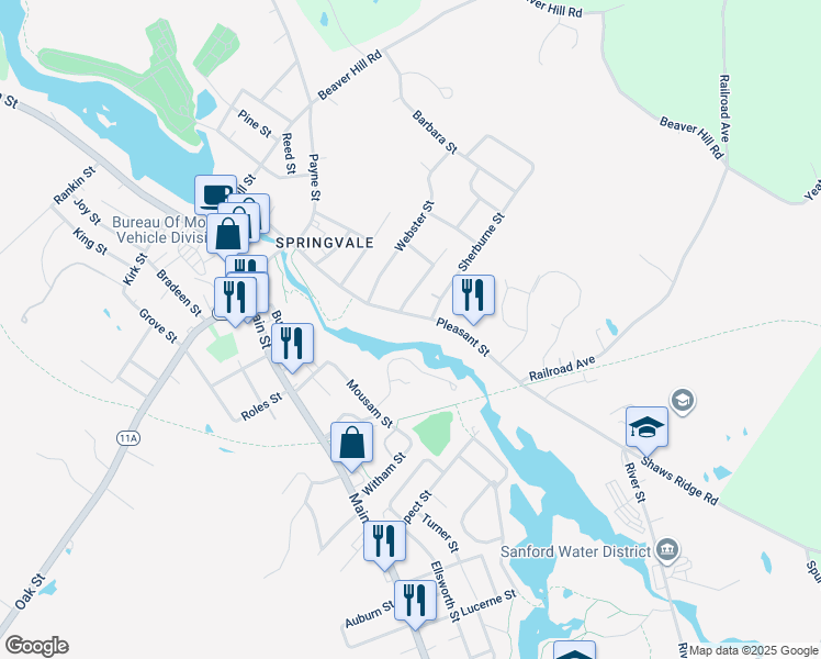 map of restaurants, bars, coffee shops, grocery stores, and more near 45 Pleasant Street in Sanford
