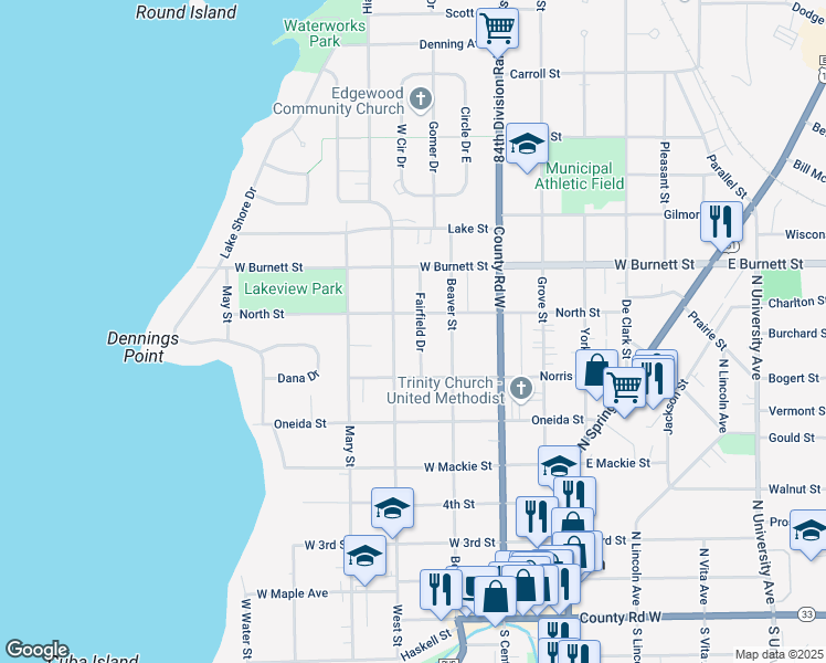 map of restaurants, bars, coffee shops, grocery stores, and more near 711 West Street in Beaver Dam