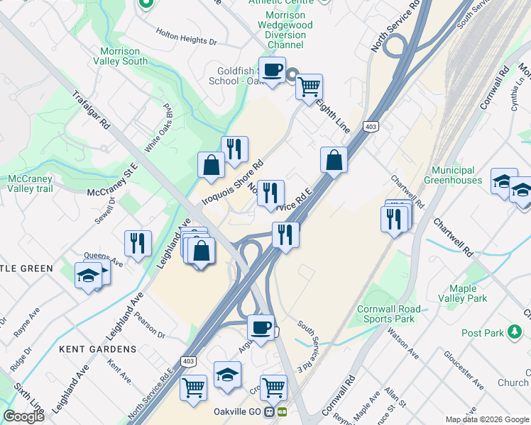 map of restaurants, bars, coffee shops, grocery stores, and more near 408 North Service Road East in Oakville