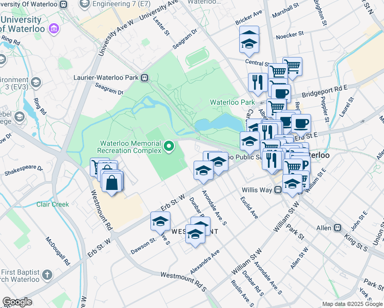 map of restaurants, bars, coffee shops, grocery stores, and more near 23 Barrel Yards Boulevard in Waterloo