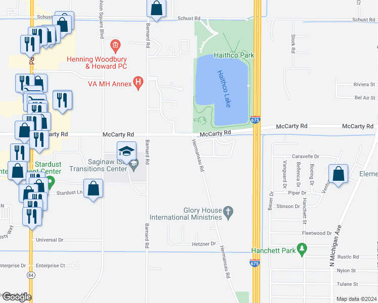 map of restaurants, bars, coffee shops, grocery stores, and more near 3943 Hermansau Road in Saginaw