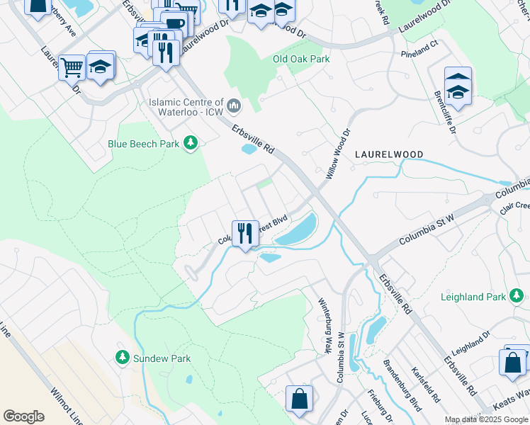 map of restaurants, bars, coffee shops, grocery stores, and more near 669 Star Flower Avenue in Waterloo