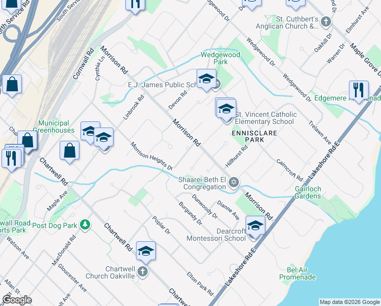 map of restaurants, bars, coffee shops, grocery stores, and more near 1192 Morrison Heights Drive in Oakville