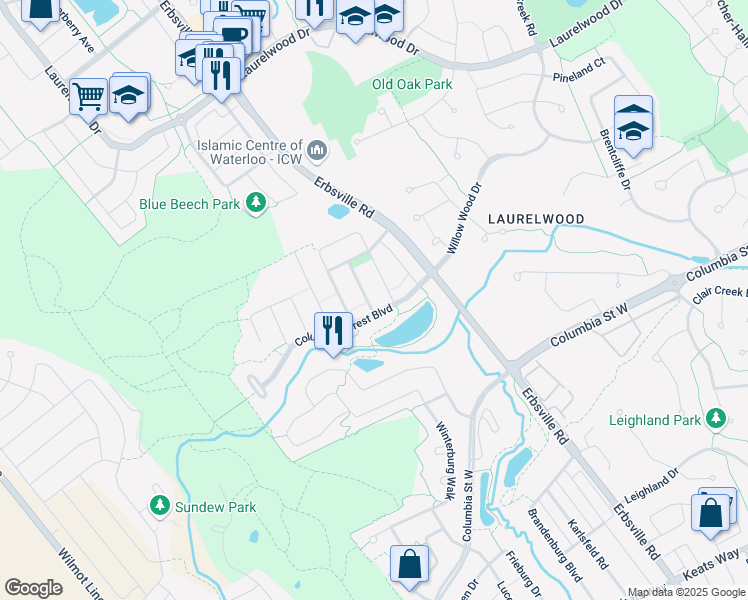 map of restaurants, bars, coffee shops, grocery stores, and more near 668 Star Flower Avenue in Waterloo