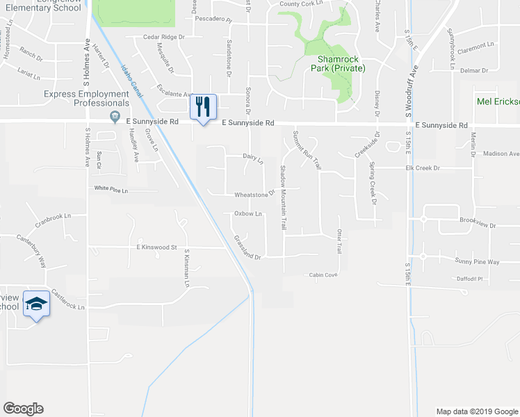 map of restaurants, bars, coffee shops, grocery stores, and more near 1047 Oxbow Lane in Idaho Falls