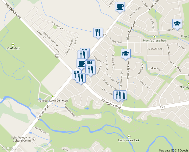 map of restaurants, bars, coffee shops, grocery stores, and more near 505 Heath Street in Oakville