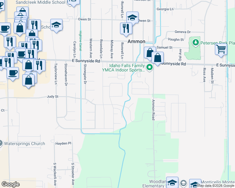map of restaurants, bars, coffee shops, grocery stores, and more near 3260 Valery Circle in Ammon