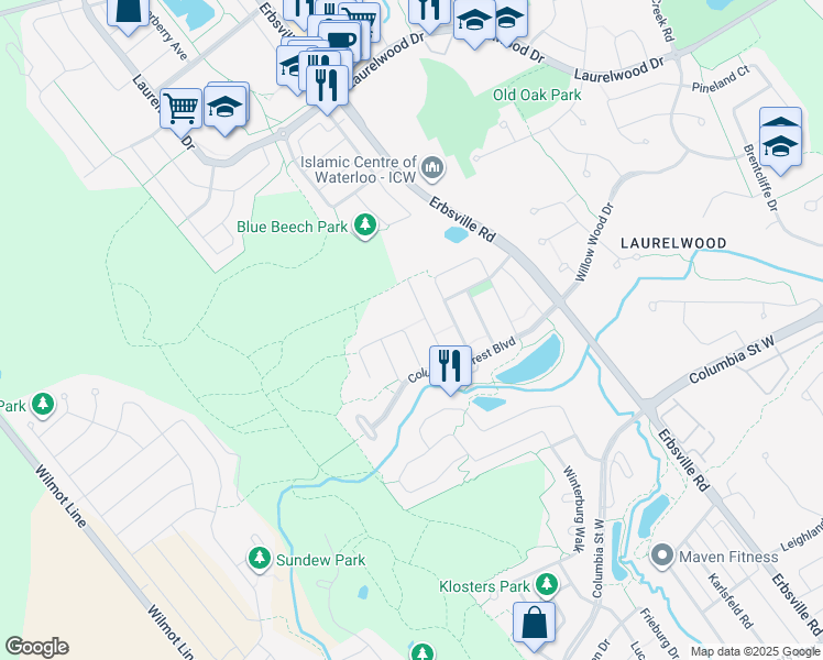 map of restaurants, bars, coffee shops, grocery stores, and more near 624 Mountain Maple Avenue in Waterloo