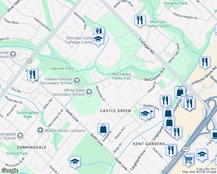 map of restaurants, bars, coffee shops, grocery stores, and more near 1176 Kelsey Court in Oakville