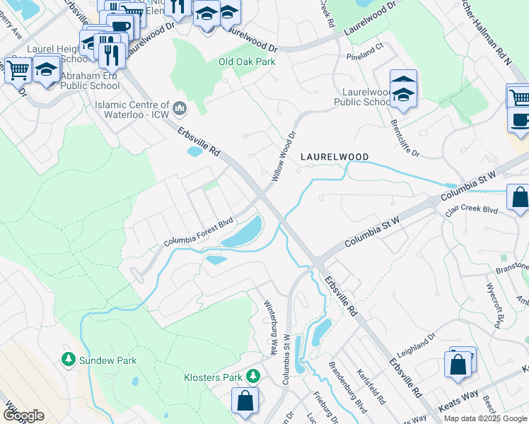 map of restaurants, bars, coffee shops, grocery stores, and more near 601 Columbia Forest Boulevard in Waterloo