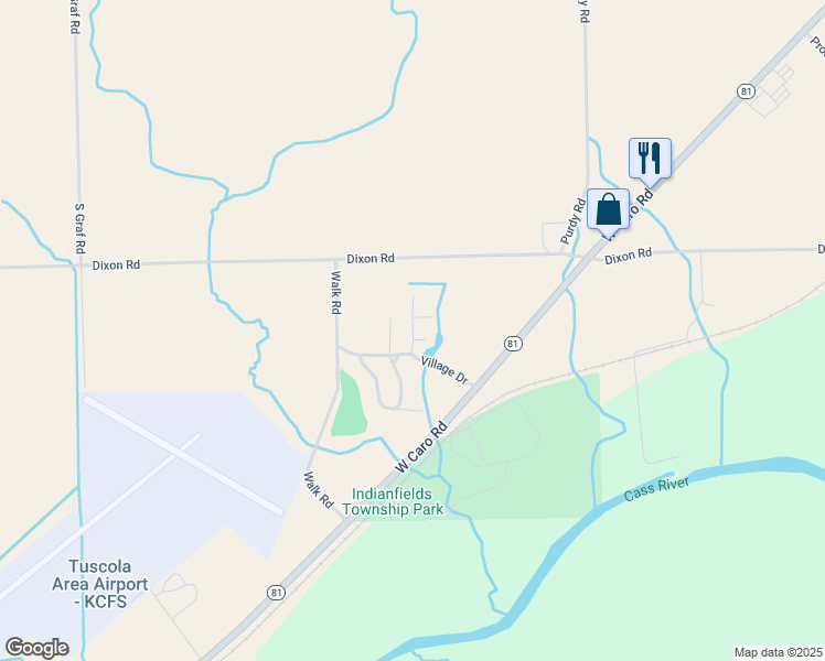 map of restaurants, bars, coffee shops, grocery stores, and more near Woodside Drive in Tuscola County
