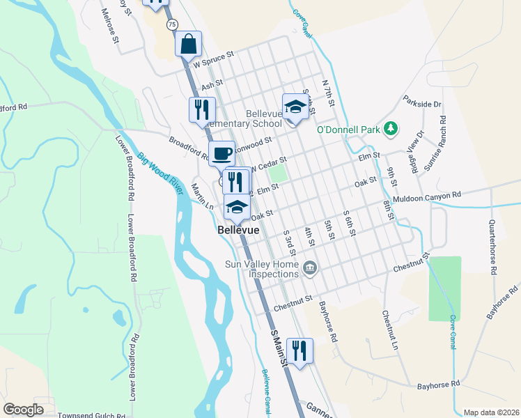 map of restaurants, bars, coffee shops, grocery stores, and more near 122-198 Oak St in Bellevue