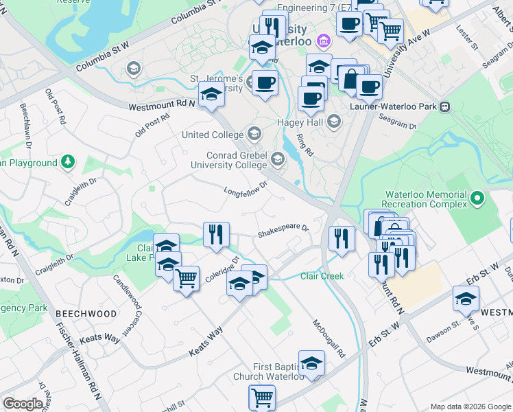 map of restaurants, bars, coffee shops, grocery stores, and more near 294 Algonquin Drive in Waterloo