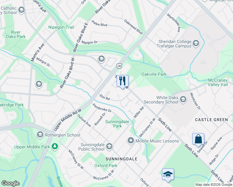 map of restaurants, bars, coffee shops, grocery stores, and more near 32 Roslo Court in Oakville