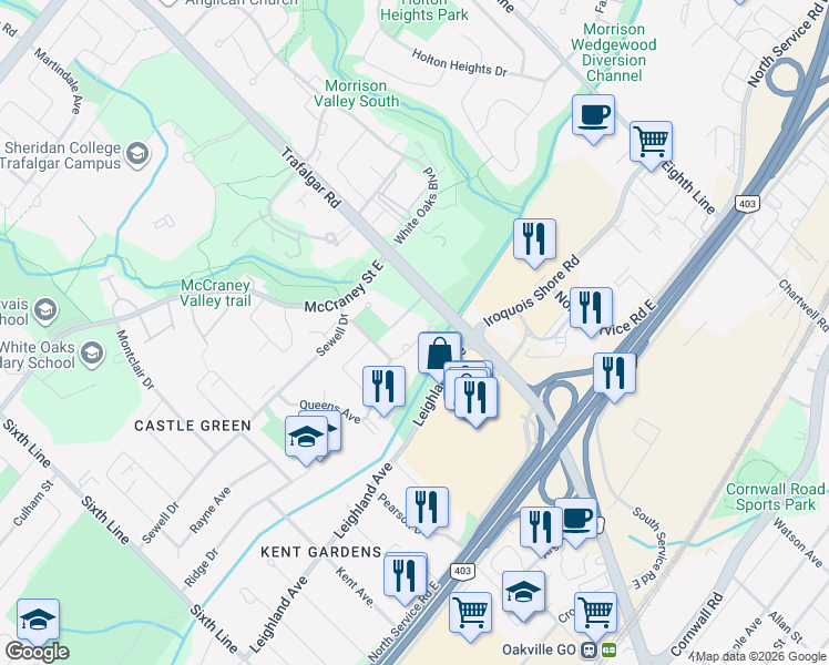 map of restaurants, bars, coffee shops, grocery stores, and more near 297 Queens Avenue in Oakville
