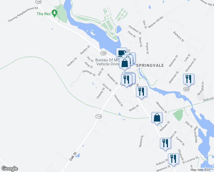 map of restaurants, bars, coffee shops, grocery stores, and more near 2 Grove Street in Sanford