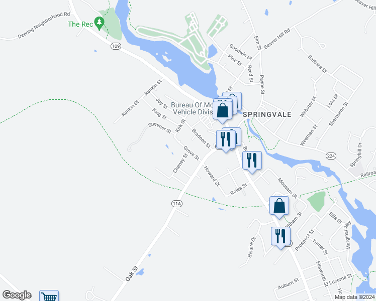 map of restaurants, bars, coffee shops, grocery stores, and more near 2 Grove Street in Sanford