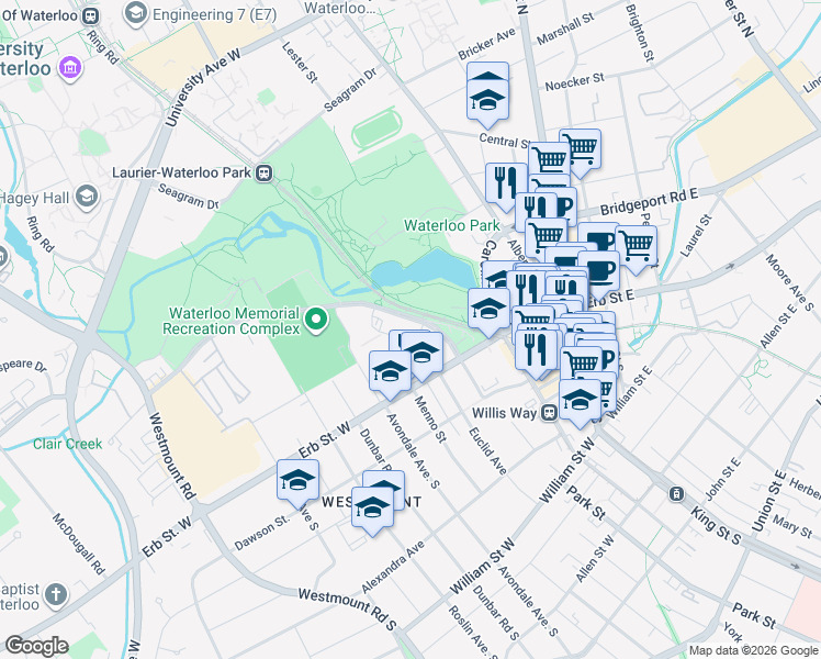 map of restaurants, bars, coffee shops, grocery stores, and more near 16 Barrel Yards Boulevard in Waterloo