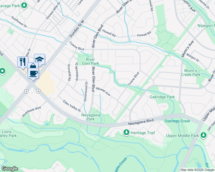 map of restaurants, bars, coffee shops, grocery stores, and more near 552 Marlatt Drive in Oakville