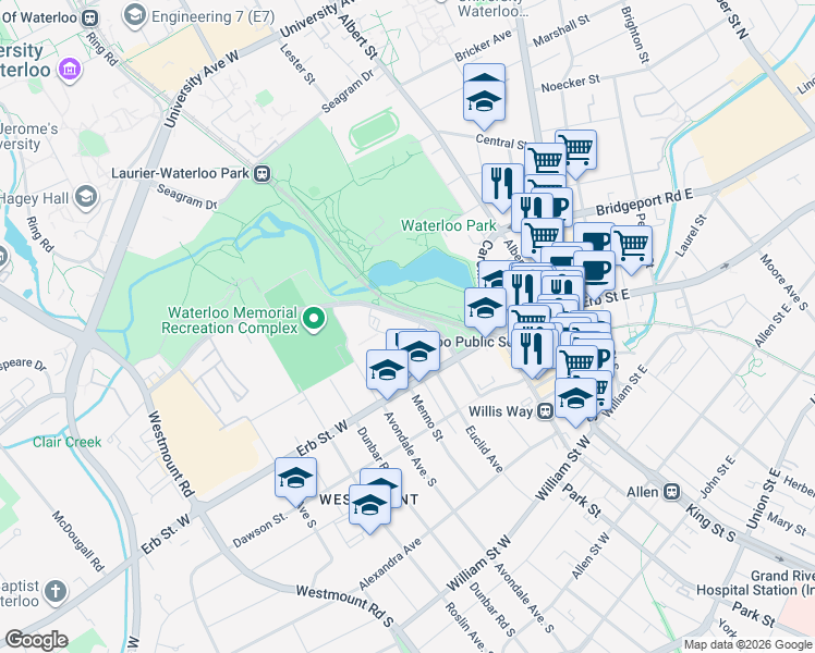 map of restaurants, bars, coffee shops, grocery stores, and more near 16 Barrel Yards Boulevard in Waterloo