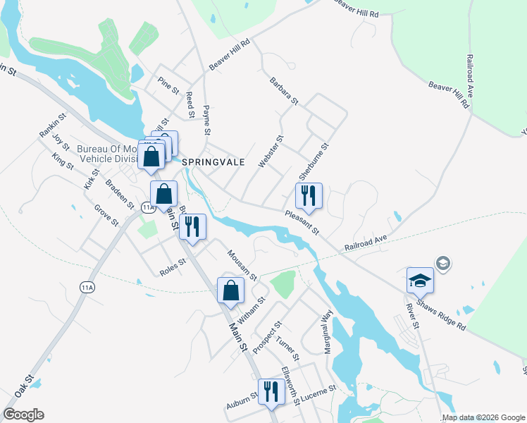 map of restaurants, bars, coffee shops, grocery stores, and more near 45 Pleasant Street in Sanford