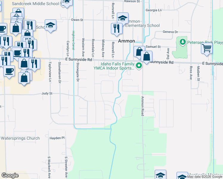 map of restaurants, bars, coffee shops, grocery stores, and more near 3260 Valery Circle in Ammon