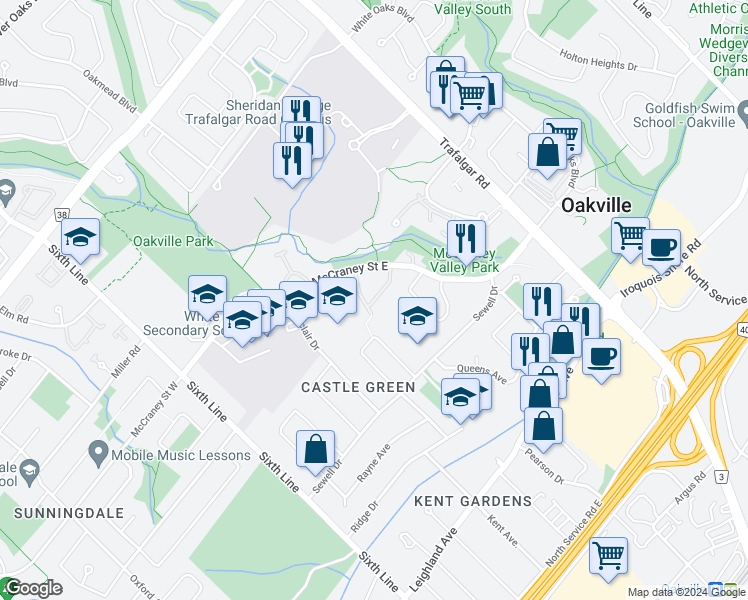 map of restaurants, bars, coffee shops, grocery stores, and more near 1224 Kirstie Court in Oakville