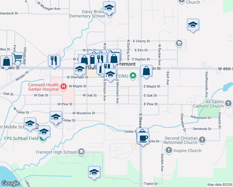 map of restaurants, bars, coffee shops, grocery stores, and more near 22 East Oak Street in Fremont