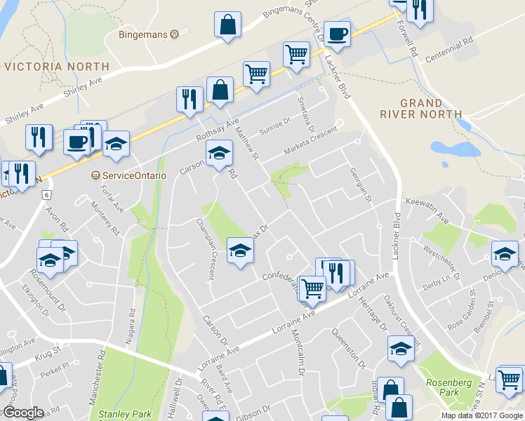 map of restaurants, bars, coffee shops, grocery stores, and more near 195 Natchez Road in Kitchener