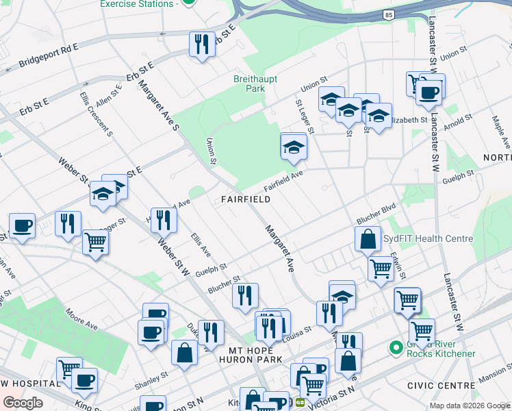 map of restaurants, bars, coffee shops, grocery stores, and more near 315 Margaret Avenue in Kitchener