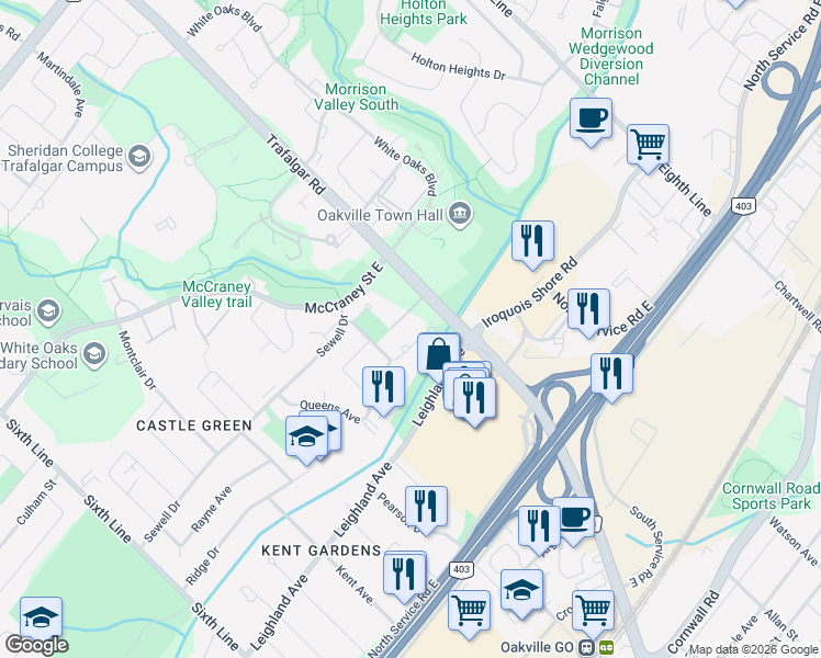 map of restaurants, bars, coffee shops, grocery stores, and more near 297 Queens Avenue in Oakville