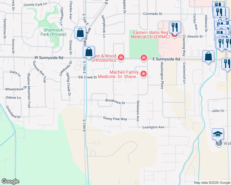 map of restaurants, bars, coffee shops, grocery stores, and more near 1760 Strawberry Place in Idaho Falls