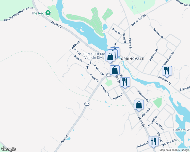 map of restaurants, bars, coffee shops, grocery stores, and more near 2 Grove Street in Sanford