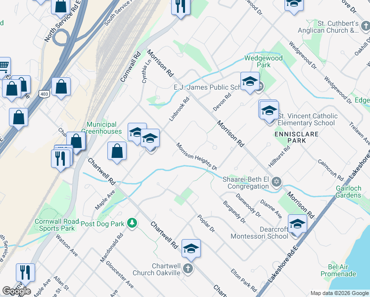 map of restaurants, bars, coffee shops, grocery stores, and more near 1136 Morrison Heights Drive in Oakville