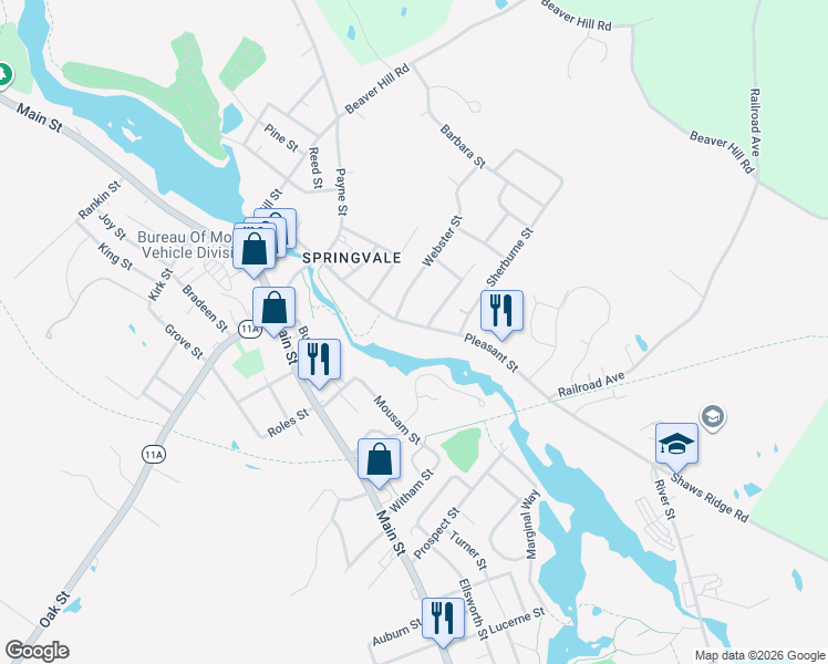 map of restaurants, bars, coffee shops, grocery stores, and more near 45 Pleasant Street in Sanford