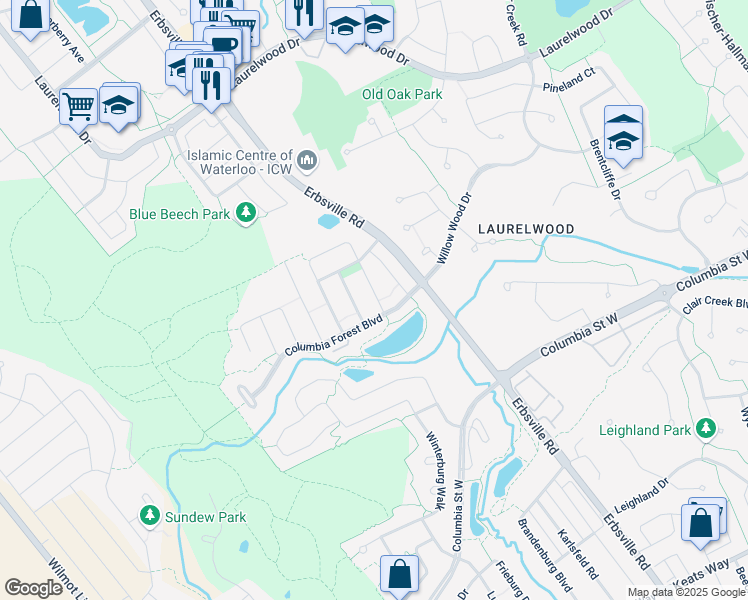 map of restaurants, bars, coffee shops, grocery stores, and more near 649 Butternut Avenue in Waterloo