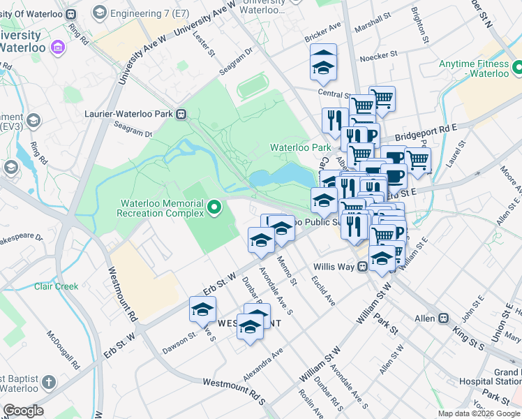 map of restaurants, bars, coffee shops, grocery stores, and more near 20 Barrel Yards Boulevard in Waterloo
