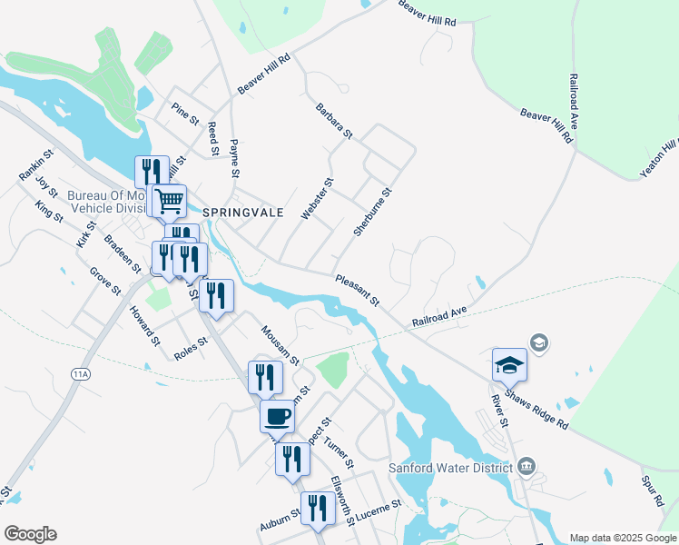 map of restaurants, bars, coffee shops, grocery stores, and more near 67 Pleasant Street in Sanford