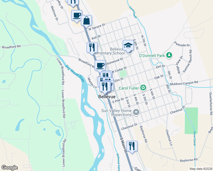 map of restaurants, bars, coffee shops, grocery stores, and more near 108 Elm Street in Bellevue