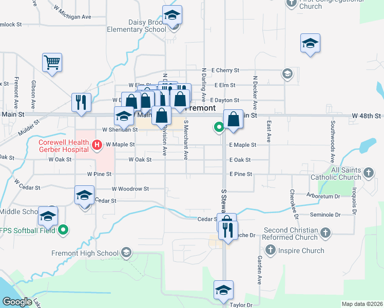 map of restaurants, bars, coffee shops, grocery stores, and more near 108 East Oak Street in Fremont