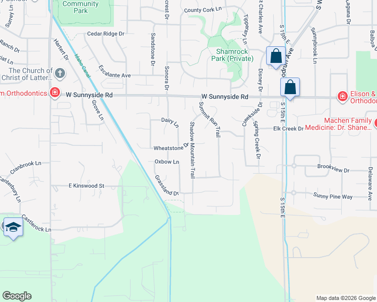 map of restaurants, bars, coffee shops, grocery stores, and more near 3672 Shadow Mountain Trail in Idaho Falls