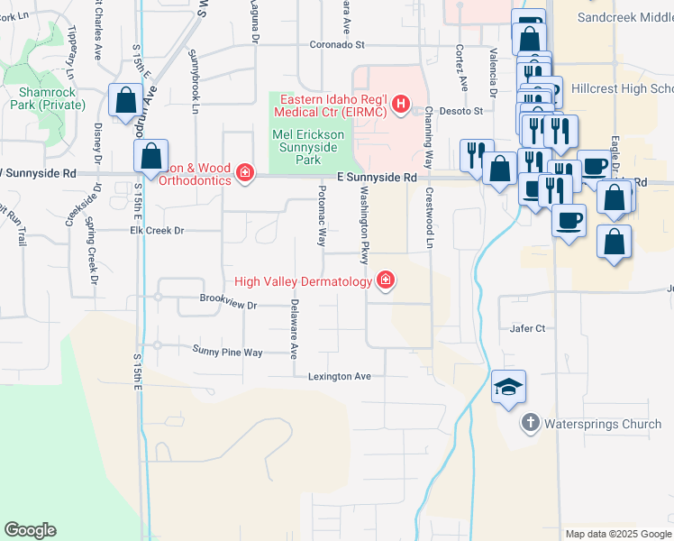 map of restaurants, bars, coffee shops, grocery stores, and more near in Idaho Falls