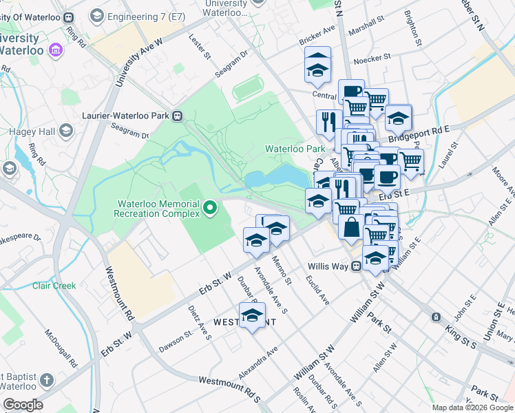 map of restaurants, bars, coffee shops, grocery stores, and more near 20 Barrel Yards Boulevard in Waterloo