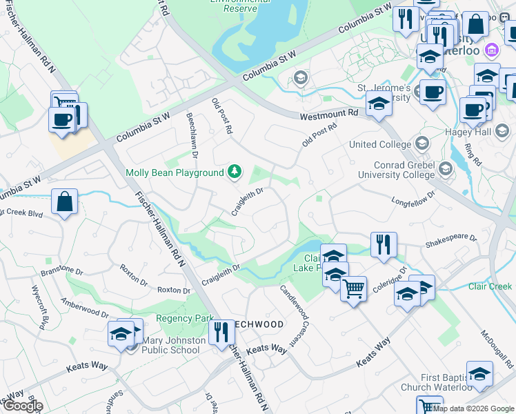 map of restaurants, bars, coffee shops, grocery stores, and more near 322 Craigleith Drive in Waterloo