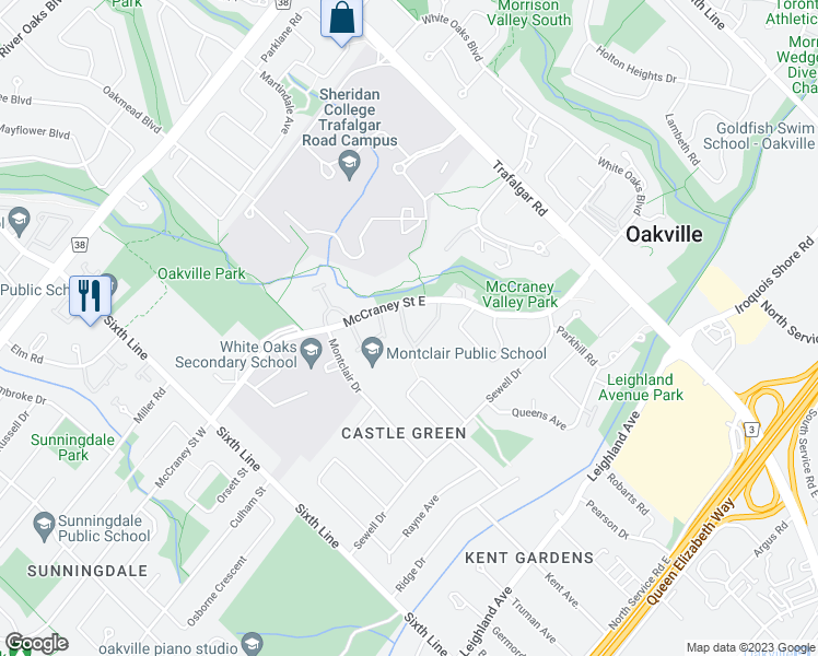 map of restaurants, bars, coffee shops, grocery stores, and more near 1214 Kirstie Court in Oakville