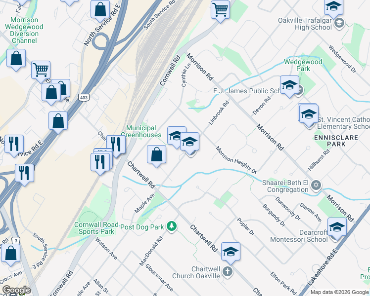 map of restaurants, bars, coffee shops, grocery stores, and more near 1087 Linbrook Road in Oakville