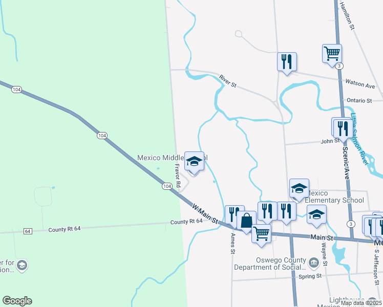 map of restaurants, bars, coffee shops, grocery stores, and more near 16 Fravor Road in Mexico